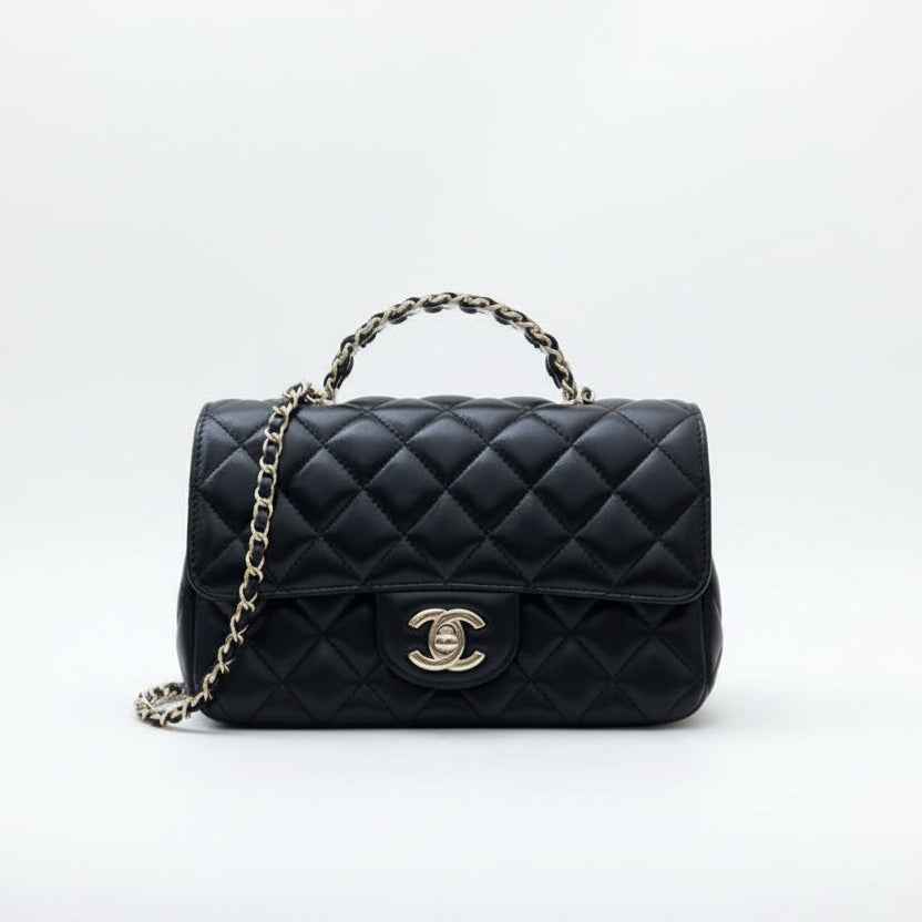 Chanel 23A Mini Rectangle Flap with Crystals Top Handle in Black Lambskin