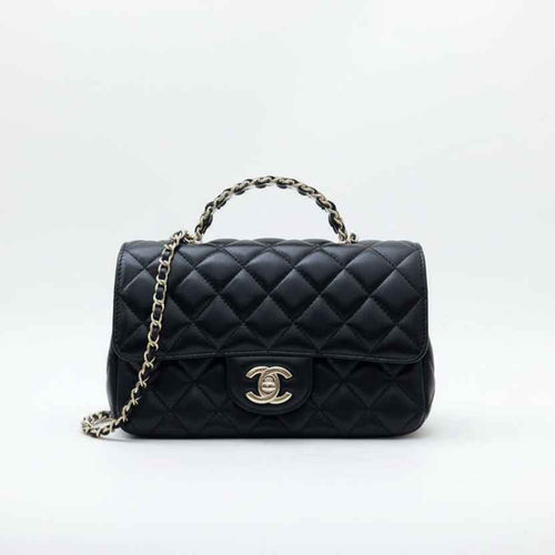 Chanel 23A Mini Rectangle Flap with Crystals Top Handle in Black Lambskin