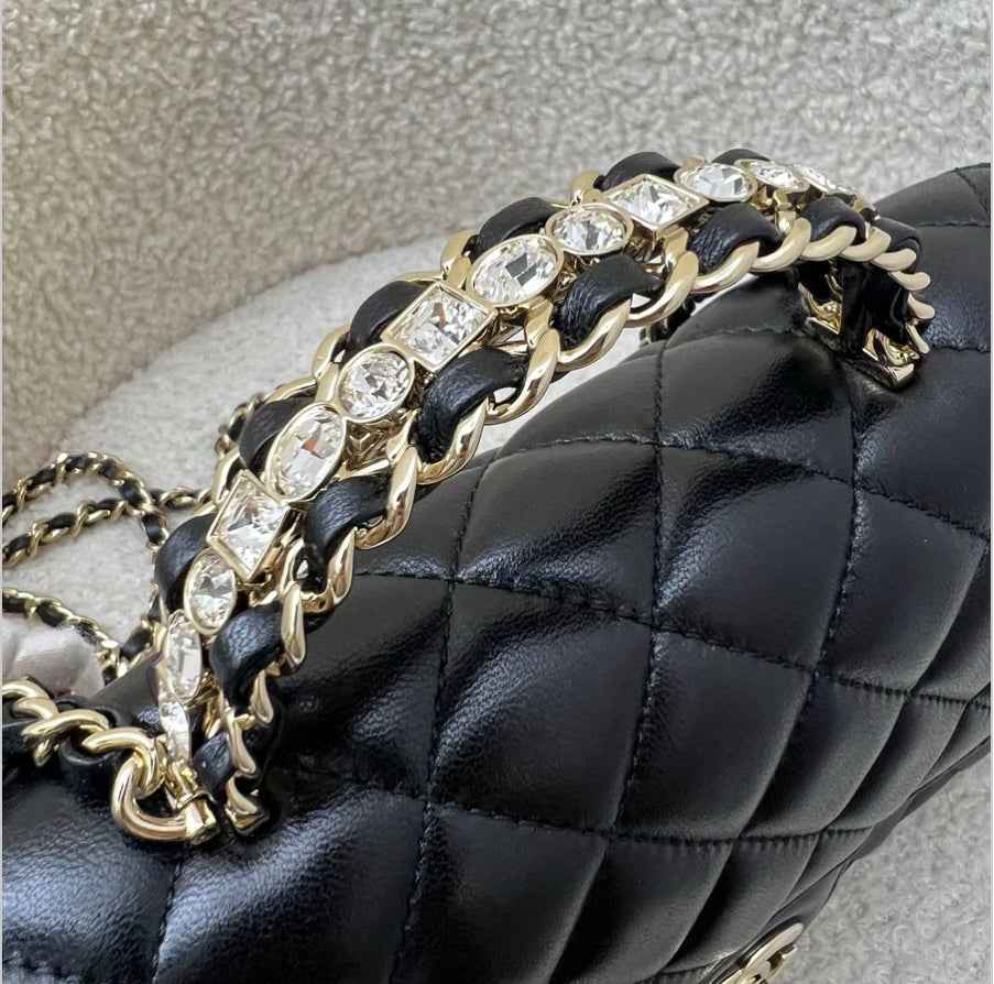 Chanel 23A Mini Rectangle Flap with Crystals Top Handle in Black Lambskin