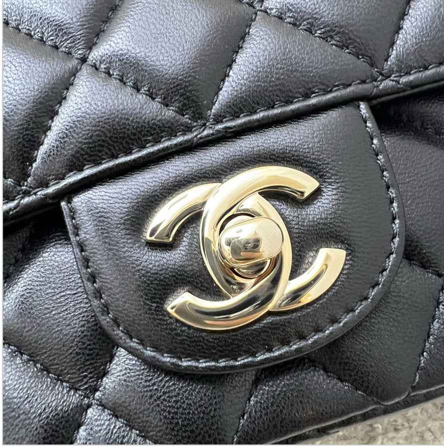 Chanel 23A Mini Rectangle Flap with Crystals Top Handle in Black Lambskin